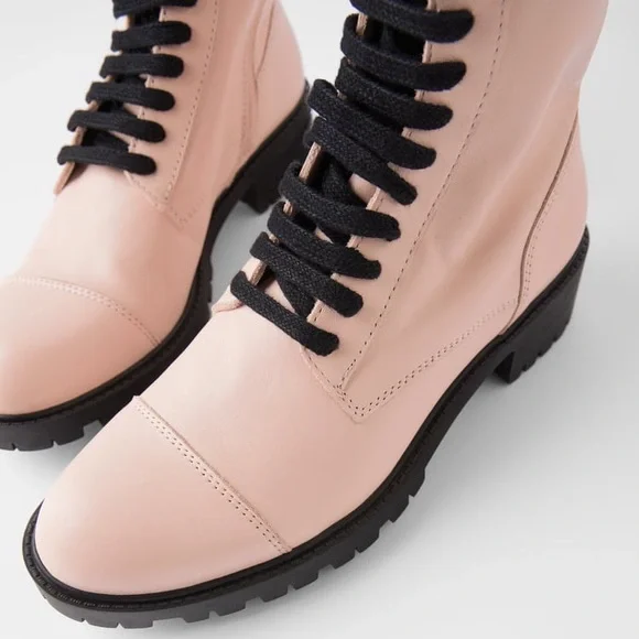 ZARA BLOGGERS FAV 100% LEATHER LACE UP PINK ANKLE BOOTS BRAND NEW WITH TAGS - Picture 5 of 11